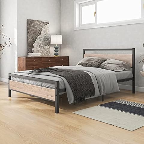 BOFENG Full Size Bed Frame with Wood Headboard and Steel Slat Support Cover