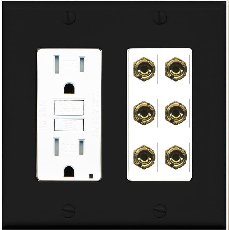 RiteAV 6 Banana 3 Speaker Surround Female Coupler Binding Post Wall Plate - GFCI Outlet [Ivory/White]