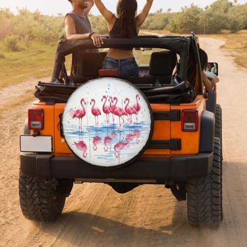 Image of Pink Flamingos Watercolor Painting Spare Tire Cover Dust-Proof Wheel Tire Cover Fit Trailer, RV, SUV and Many Vehicle 17 Inch