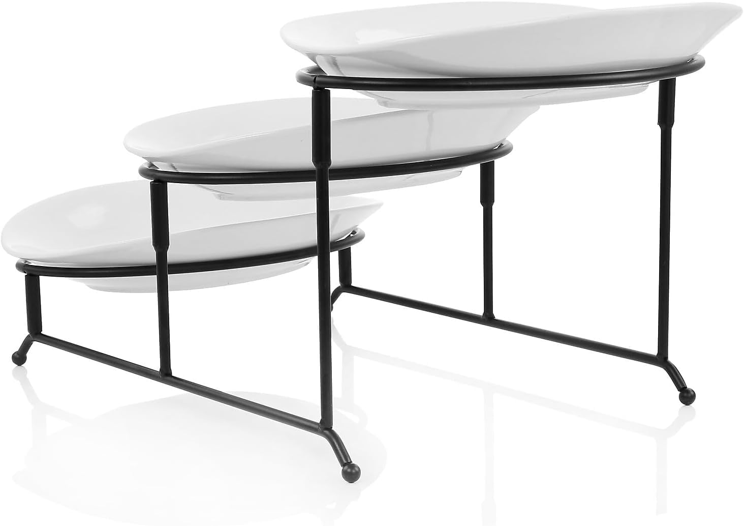 3 Tier Oval Porcelain Serving Tray Set – Tiered Dessert Appetizer Server with Metal Rack for Parties, Snacks, and Kitchen Counter Display