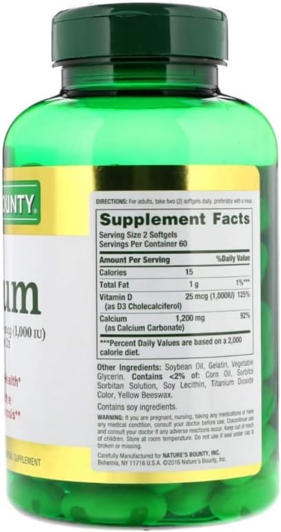 Nature's Bounty Calcium 1200 Mg. Plus Vitamin D3, 240 Softgels (2 X 120 Count Bottles) Unflavored 120 Count (Pack of 2)