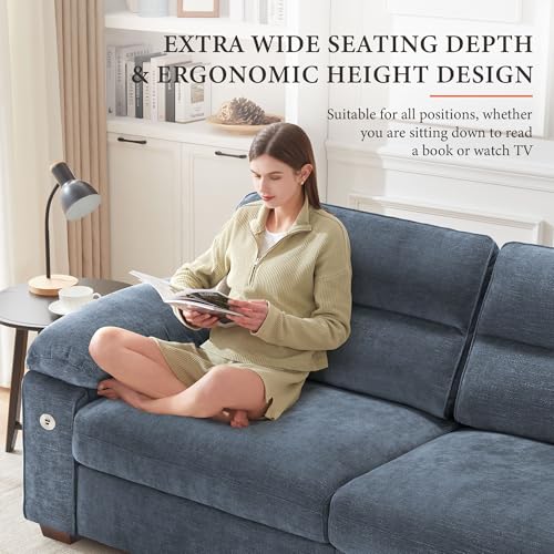 Image of Ihanherry 90.5 inch Modern Sofa 2-Seater Couch for Living Room, Chenille Pillow-Armrest with Extra Large Seat Width, USB /Type-C Charging Port & Side Pocket, Removable Medium Firm Cushion(Blue)