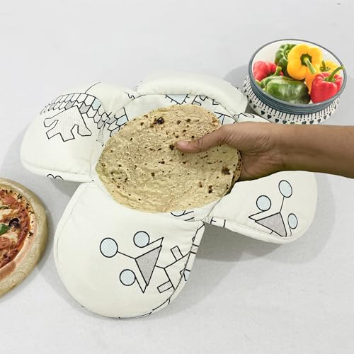 Image of Swayam 100% Cotton Cloth Roti Casserole | Hot Chapati Box | Washable Bread Basket | 22 cm Round Roti Basket | Geometric Design - Cream