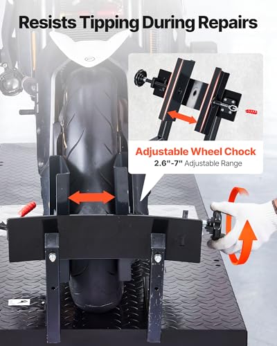 Image of VEVOR Motorcycle Lift Table, 1500 lbs Capacity, Electric Hydraulic Pump with Scissor Lift Jack, Adjustable Wheel Chock, 9.05 inch-41.73 inch Height Range, 78.3 inch x 26.3 inch Heavy Duty Repair Stand for Dirt Bike