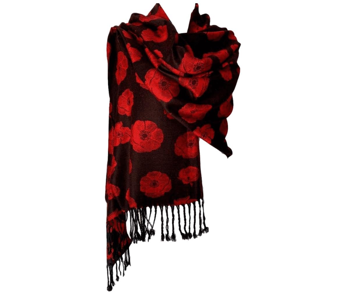 Purple Possum® Black Poppy Pashmina Ladies Red Floral Wrap Poppies Shawl Oversized Flower Scarf