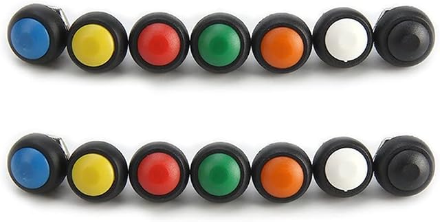 12mm Push Button Waterproof Lockless Momentary ON/OFF Switch Pack of 14 Green, White, Red, Black, Yellow, Blue, Orange