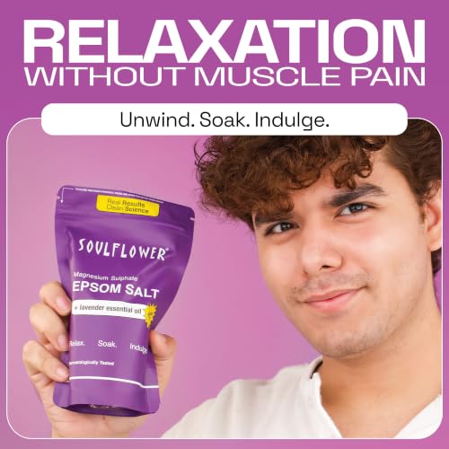 Image of Soulflower Epsom Salt for Foot, Bath & Body Spa, Swelling & Soreness, Relaxing, Muscle Pain Relief | 100% Pure USP Grade Epsom Salt| Pure Lavender Essential Oil 1 kg (Pack of 1)