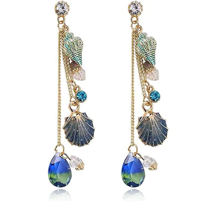 El Regalo Ocean Blue Tassel Shell Dangle Earrings - Chandelier Sparkly Bohemia Shine Rhinestone Scallop Beach Earrings for Women Girls (B0B3HVJDBK) Amazon Price History, Amazon Price Tracker
