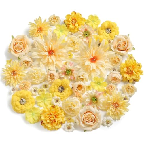 misakinoya 造花 ピンポンマム DIY 花材 ダリア 牡丹 バラ 花のみ 50個入り 大きめ 菊 手芸 ハンドメイド ウエディング装飾 成人式 浴衣お花髪飾り用 (3-10cmイエロー系)