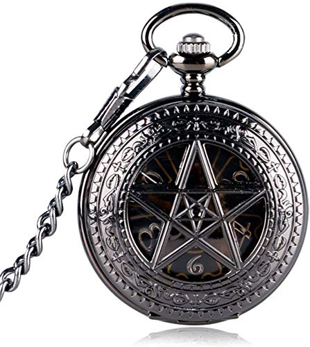 Taschenuhr Black Pocket Watch Hour Heiße TV-Serie Supernatural Pentagram Mechanisches Handwind-Kronenmuster Steampunk