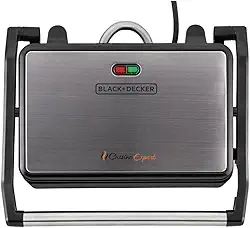 BLACK+DECKER Grill Elétrico Cuisine Expert, Grill com Chapas Antiaderentes e Caixa Coletora de Gordura, Potência 800W, Preto e Inox, Modelo G1200, 220V