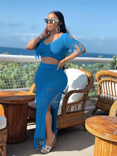 Image of CALEBGAR 2 Piece Outfits for Women Sexy Crochet Tassel Split Midi Dress Summer V Neck Knitted Hollow Crop Tops Y2K Streetwear