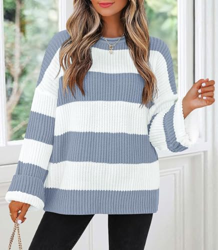 Image of ZESICA Women's 2026 Fall Long Sleeve Oversized Striped Color Block Comfy Loose Crew Neck Knitted Pullover Sweaters