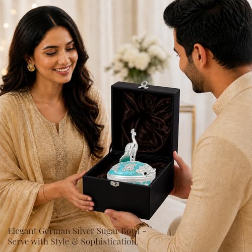 Image of Diviniti Luxury German Silver Peacock Decorative Bowl with Spoon & Gift Box | Royal Turquoise Decorative Dry Fruit & Mishri Container | Premium Serving Bowl for Dining, Wedding & Festive Gift (16 cm)