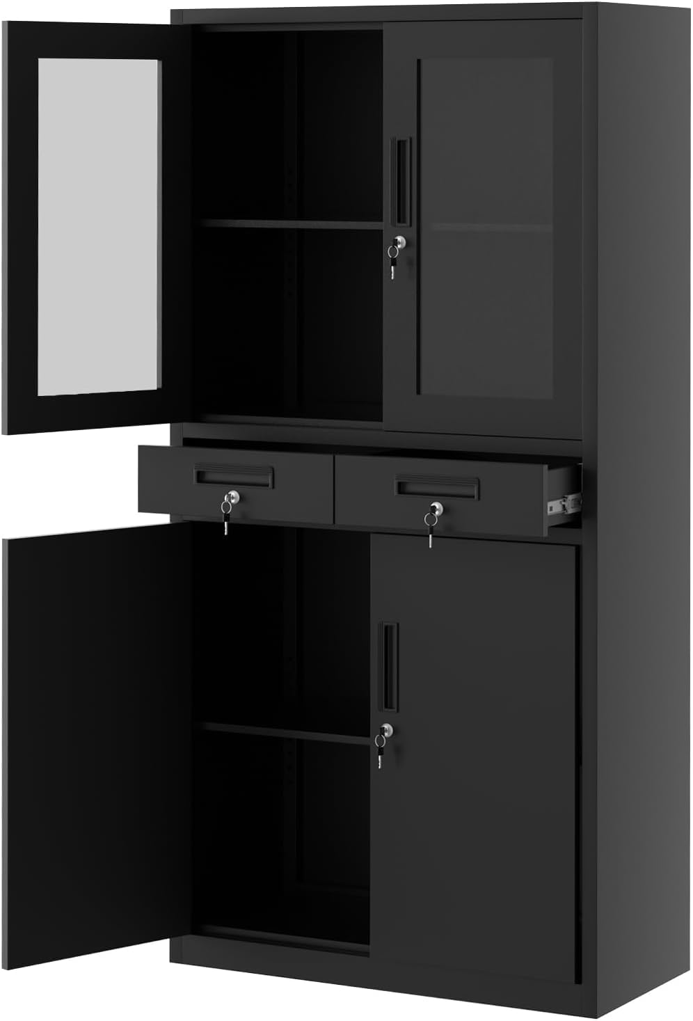 PioneerWorks ​​71" Black Metal Storage Cabinet w/Glass Doors | 2 Drawers + 2 Adjustable Shelves, Lock Feature | for Garage, Home Office Organization​​