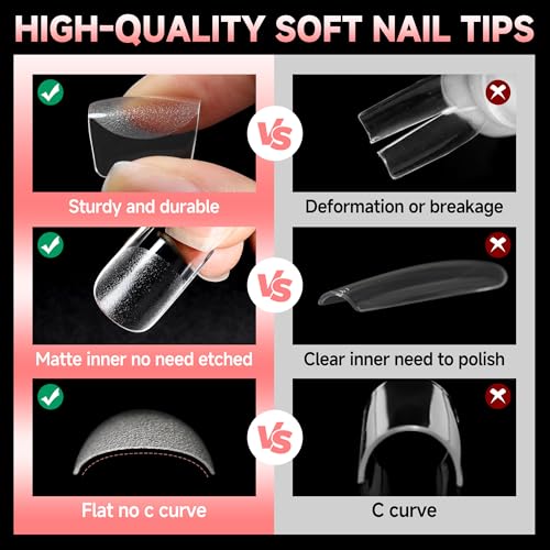 Image of UNA GELLA 600Pcs Short Square Gel Nail Tips, Square Press on Nails Pre Etched Full Cover Soft Gel Nail Tips No C Curve For Women Girl DIY French & Chrome Style Salon At Home 12 Sizes