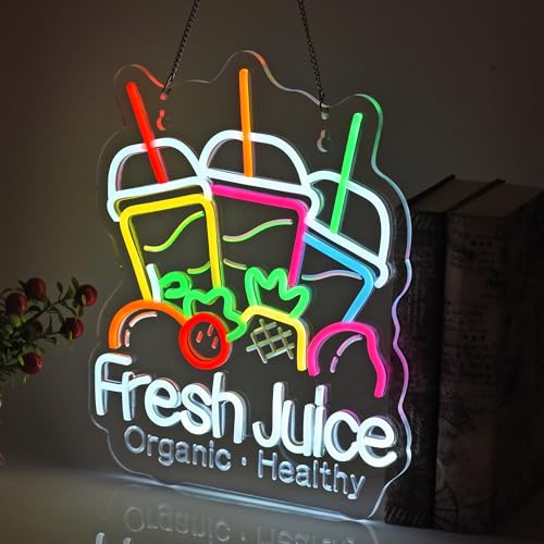 Image of Fresh Juice Neon Sign, Neon Lights Hanging Wall Art Decoration for Juice Bar Shop Food Truck Market Bakeries Cafe Celebration Home Decor, USB Powered Ultra Bright Dimmable, 15.35x12.6inches