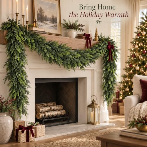 1Pcs 9Ft Real Touch Christmas Cedar Garland, Realistic Full Cedar Garland, Green Artificial Pine Needles Garlands for Mantel, Fireplace, Stairs Railing, Tables, Christmas Decorations - image 9
