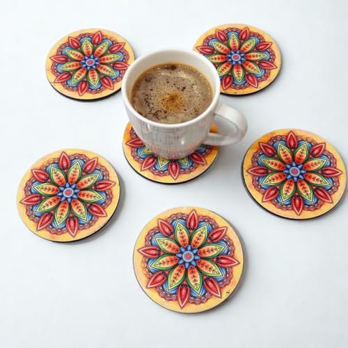 Image of Zesta Coasters for Cups Set of 6 / Wooden Coasters for Bar Accessories for Home /Tea Coaster Set of 6 / Waterproof Dining Table Decor Glass Cover (Mandala - Brown, Circle)