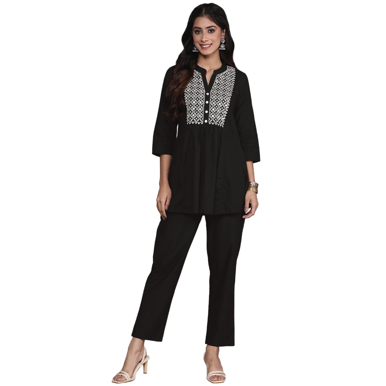 anubhutee Women’s ORANGE Mirror Work Embroidered A LINE Pure COTTON Co-Ord Set