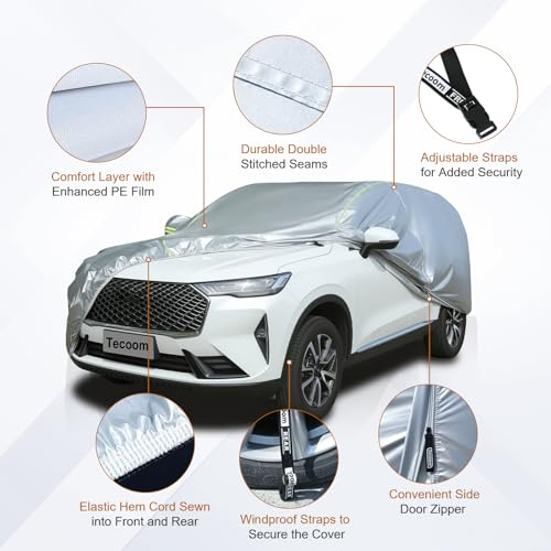 Image of Tecoom SUV Car Cover Waterproof All Weather, Outdoor & Indoor Full Exterior Windproof UV Sun Rain Snow Hail Protection Covers with Zipper Door & Lock, Fit for SUV 216-230 Inches