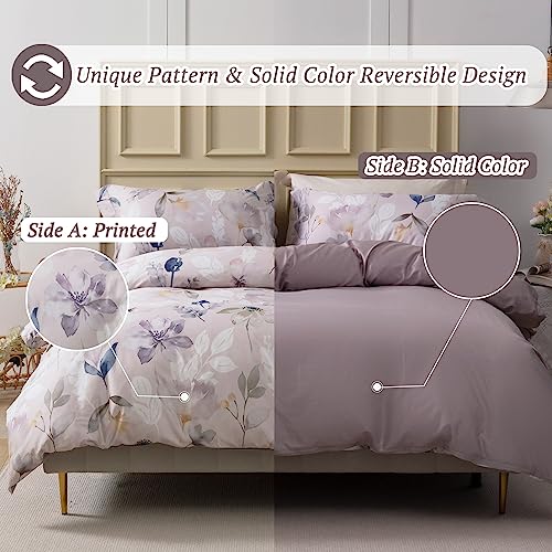 MILDLY 100% Long-Staple Cotton Duvet Cover Set Light Gray Pink Floral Leaf Pattern Printed Comforter Cover 3pcs, Ultra Soft & Breathable Bedding Set