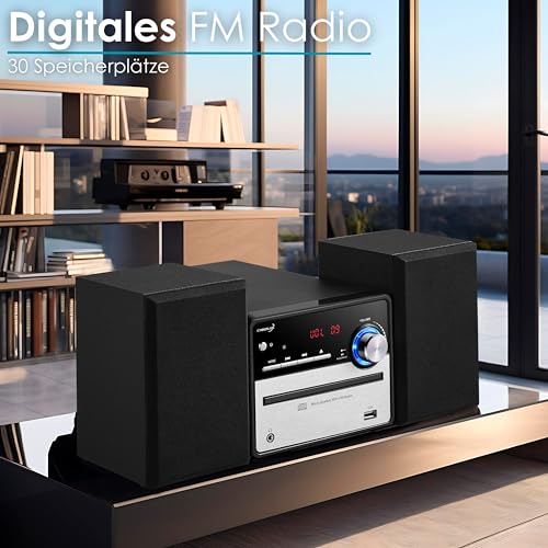 Retro HiFi Musikanlage | Stereoanlage | Kompaktanlage | USB | Line Out | CD/MP3 | FM Radio | 30 Speicherplätze | LED-Display | Mini HiFi Anlage | Stereoanlage mit Boxen |