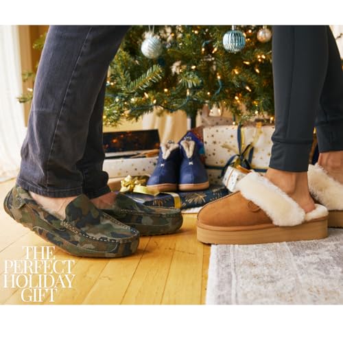 Image of Fireside By Dearfoams Men's Melbourne Genuine Shearling Moccasin Slippers, Memory Foam Sudede Loafers Slip-in House Shoes