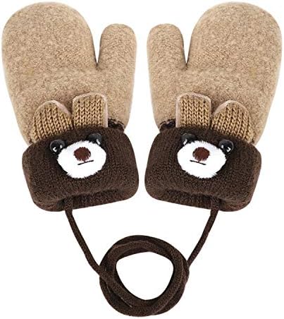 Knitted Wool Gloves Winter Warm Fluffy Full Finger Mittens Cute Cartoon Gloves Thicken Velvet Hanging Neck Mittens Birthday Xmas Gifts for 0-3 Y Kids