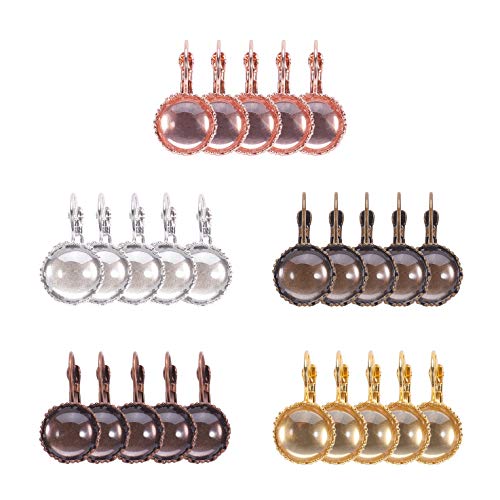 PH PandaHall 36 Sets 6 Colors Lever Back Hoop Earrings Kits, Flat Round Tray Ear Wires Blank Cabochon Setting and 12mm Glass Cabochon Tiles for Earring Designs Jewelry Making