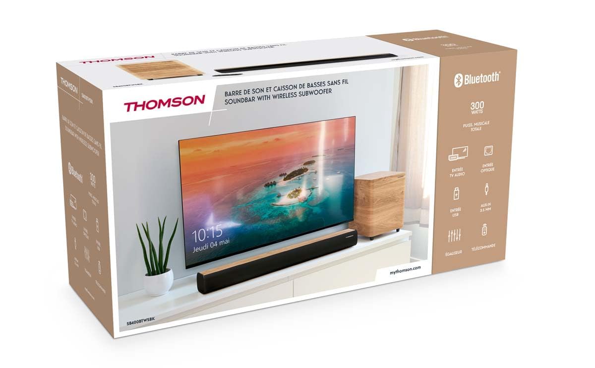 THOMSON Barra de Sonido y subwoofer inalámbricos Subwoofer inalámbrico SB400BRWS (Negro y Madera)