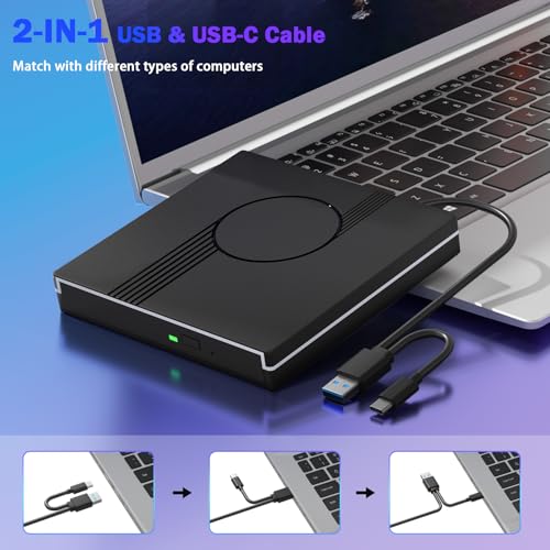 Wbacon RGB External CD/DVD Drive for Laptop, External CD Drive USB 3.0 Type-C Portable DVD Player, CD Burner +/-RW Optical Drive, Slim CD ROM External Drive for Laptop Desktop PC Windows Mac (Black) - Thumbnail 5