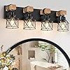 FadimiKoo 4 Light Rustic Style Wood Bathroom Vanity Light Fixtures Black Bathroom Lighting with Cage Metal Shade Farmhouse Wall Sconces for Hallway Bedroom Dressing Table