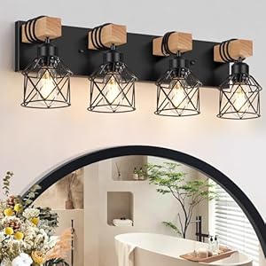 FadimiKoo 4-Light Rustic Style Wood Bathroom Vanity Light Fixtures, Black Bathroom Lighting with Cage Metal Shade, Farmhouse Wall Sconces for Hallway, Bedroom, Dressing Table FadimiKoo 4 Light Rustic Style Wood Bathroom Vanity Light Fixtures Black Bathroom Lighting with Cage Metal Shade Farmhouse Wall Sconces for Hallway Bedroom Dressing Table