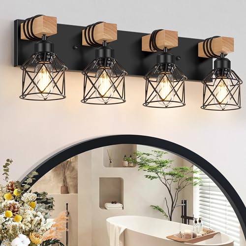 FadimiKoo-4-Light-Rustic-Style-Wood-Bathroom-Vanity-Light-Fixtures-Black-Bathroom-Lighting-with-Cage-Metal-Shade-Farmhouse-Wall-Sconces-for-Hallway-Bedroom-Dressing-Table FadimiKoo 4 Light Rustic Style Wood Bathroom Vanity Light Fixtures Black Bathroom Lighting with Cage Metal Shade Farmhouse Wall Sconces for Hallway Bedroom Dressing Table