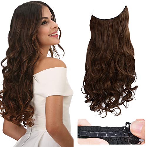 REECHO Halo Hair Extensions with Invisible Transparent Wire Adjustable Size Removable Secure Clips in Curly Wavy Hidden Crown Secret Hairpiece for Women 20 Inch 5.0 Oz -Medium Warm Brown
