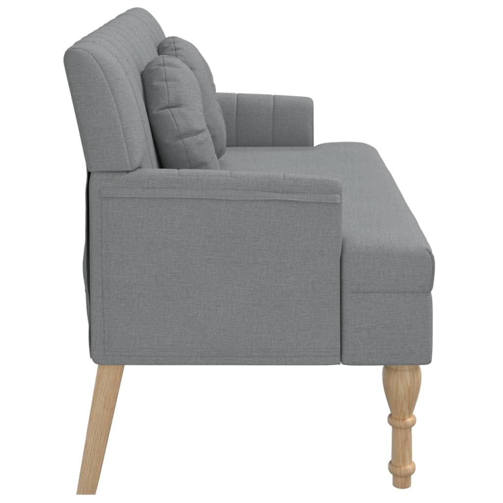 Banco de tela gris claro 113 x 64,5 x 75,5 cm con respaldo, asiento y reposabrazos acolchados gruesos, patas de madera de caucho maciza, estructura de madera contrachapada robusta, soporta