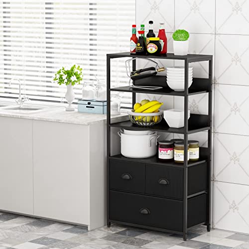 Furologee 4-Tier Bookshelf With 3 Drawers, Vertical Dresser Organizer, Black Storage Shelf For Books, Photos, Decorations In Living Room, Office, Bedroom,Kitchen, Sturdy Metal Frame,Wood Top #TOP7