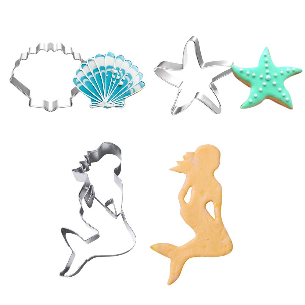 Juego de 3 cortadores de galletas de sirena, estrella de mar y concha, acero inoxidable