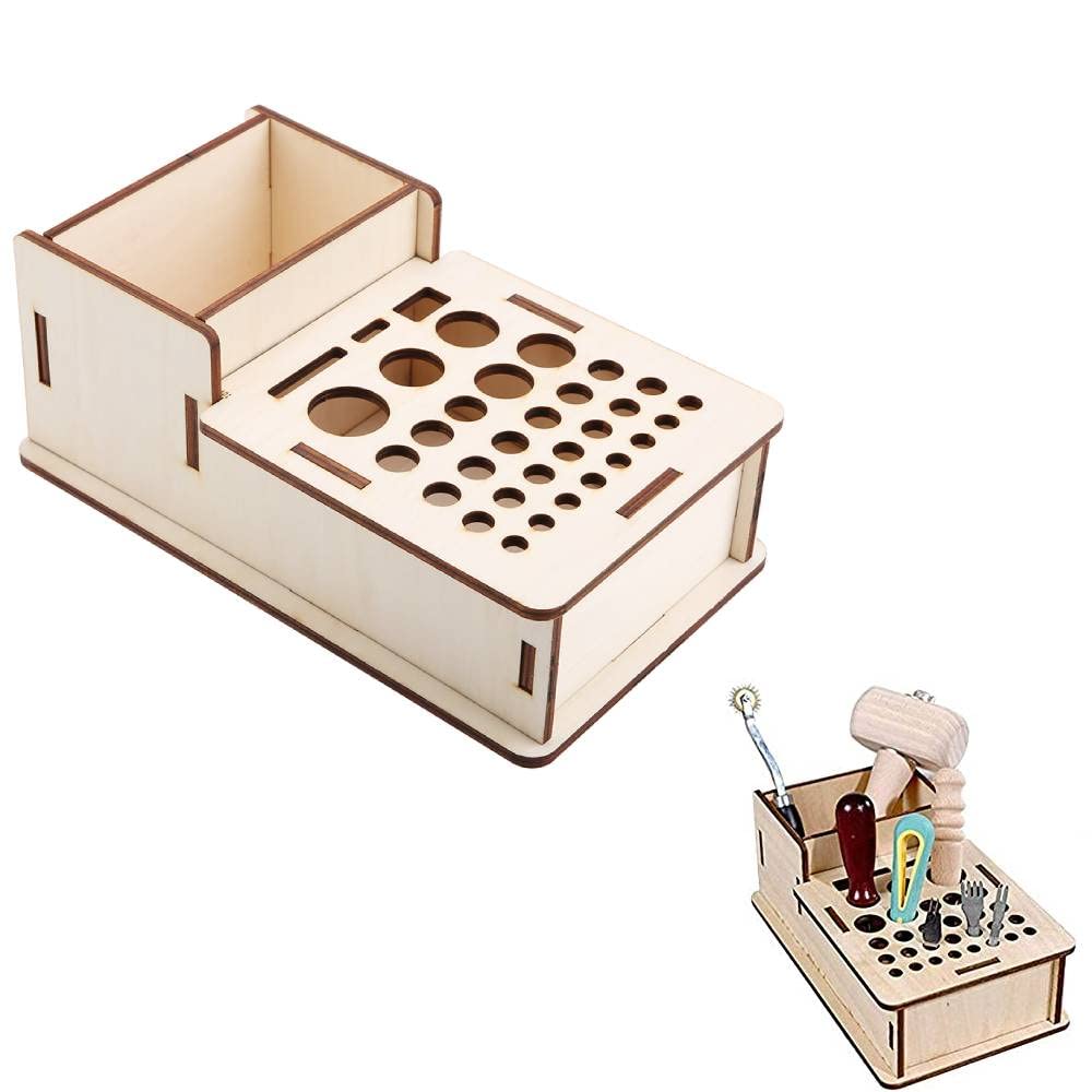 Hztyyier Wooden Leathercraft Tools Rack Stand, Leather Craft Tools Holder Multi Hole Diy Craft Tool Storage Wooden Box Organizer Basswood Leather Tool Rack