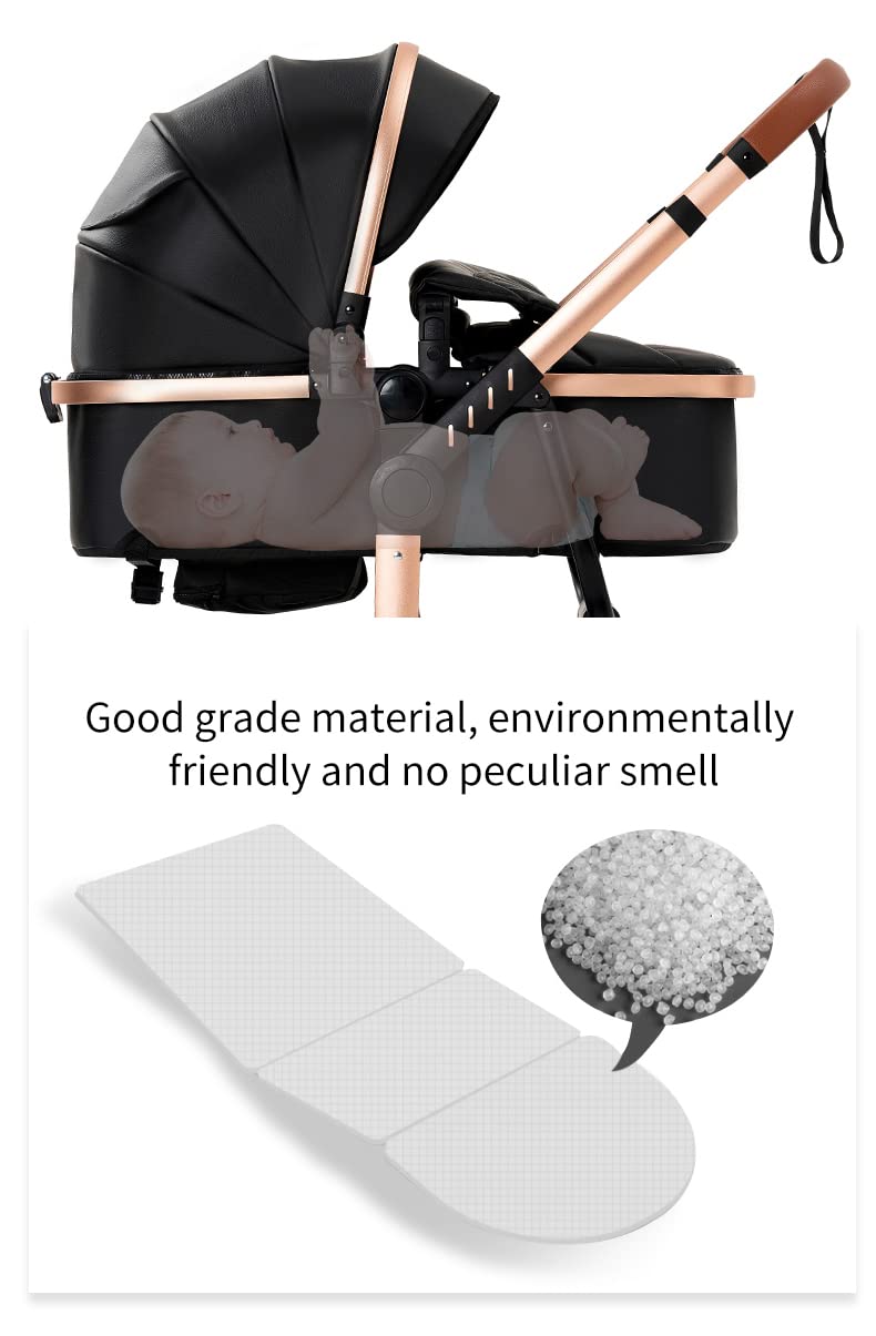 3 in 1 Kinderwagen aus PU Leder, Wendbares Baby-Reisesystem, mit Einem Klick Zusammenklappbarer Kinderwagen und Komplettes Zubehör, Zwei Bremsmodi für Vorder- und Hinterräder（Black）
