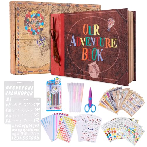 Adventure Book Scrapbook Album Fotoalbum 80 Seiten,3d Lederbezug Cover,Leder Kordelzug,Mit Einer Box Von Scrapbook ZubehöR,Our Adventure Book Geschenk FüR Freund,JubiläUmsgeschenk