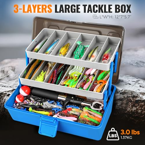 Image of PLUSINNO Large 3 Layers Fishing Tackle Box with Tackle Included, 415Pcs Fishing Lures Kit Contains Pliers, Crankbait, Weights, Accessories, Portable Fishing Gear Gifts for Men Starter Kits Bass Trout