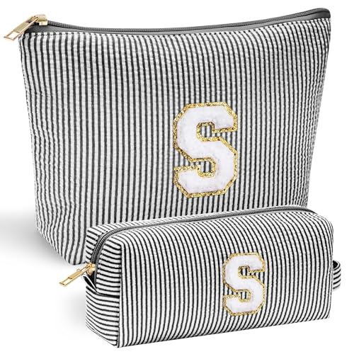 YOOLIFE Monogram Makeup Bag for Girls Teen Girl Gifts | Initial Makeup Bags Cosmetic Toiletry Pouch Make Up Case Best Friend Friendship | Stocking Stuffers for Girls Teen Daughter Teacher Black S