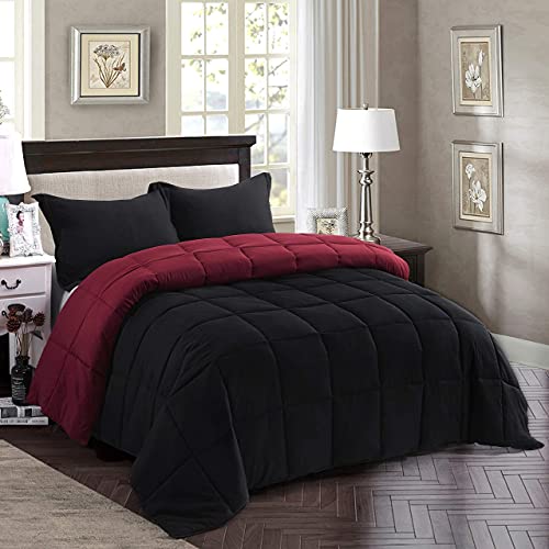 Hig 3Pc Down Alternative Comforter Set - All Season Reversible Comforter With Two Shams - Quilted Duvet Insert With Corner Tabs - Box Stitched - Super Soft, Fluffy (Full/Queen, Black) #TOP1