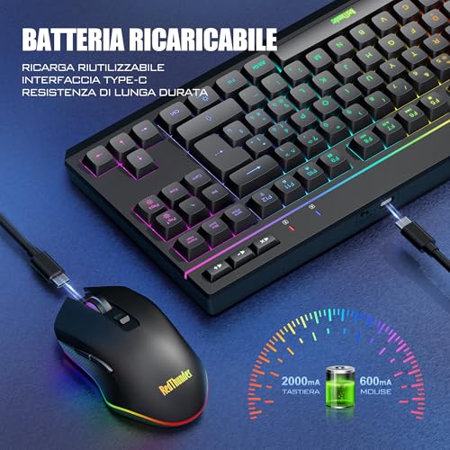 K20 TKL Tastiera Wireless Gaming,Batteria Ricaricabile con Retroilluminazione RGB Regolabile,QWERTY Layout IT compatto con 6 tasti multimediali dedicati,USB Tastiera per PC/Laptop(Nero) - Tastiera gaming - Immagine 2