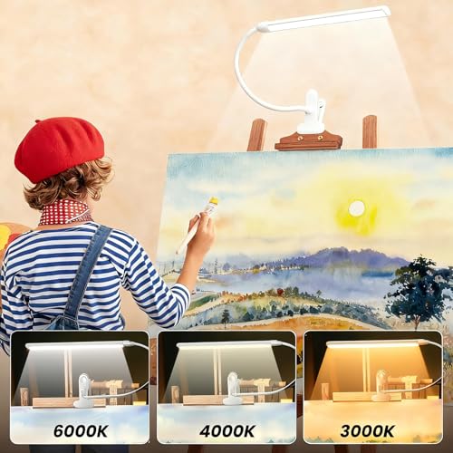 Lamptobe Clip-on Easel Lights for Artists Painting with On/Off Switch Cord, 3 Color Modes, Dimmable Clip Lamps for Over Painting Easel, Desk, Drawing with Flexible Arm, USB-Powered (White) by Lamptobe - Used condition - Image 2