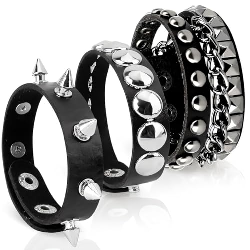 JAWUZ Bracelet punk orné,3 pièces de rivets bracelet en cuir noir gothique rock ensemble, brassard réglable pour les hommes femmes cosplay party