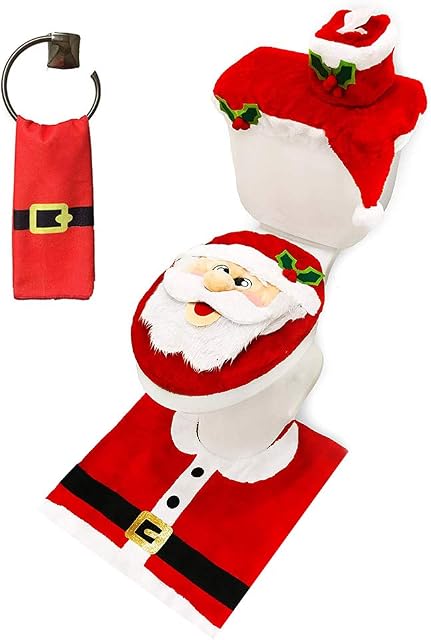 JOYIN 5 Pieces Christmas Theme Bathroom Decoration Set w/ Toilet Seat Cover, Rugs, Tank Cover, Toilet Paper Box Cover and Santa Towel for Xmas Indoor Décor, Party Favors (Santa)