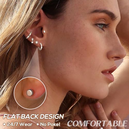 MILACOLATO 20G Hypoallergenic Flat Back Earrings for Women 316L Surgical Steel Flatback Stud Earrings Trendy Small Huggie Hoops Ear Cuffs Cartilage Earring Stacks Earring Sets for Multiple Piercing2
